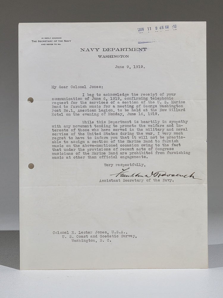 Item #1018 Typed Letter Signed by Franklin D. Roosevelt to Colonel E. Lester Jones Regarding the U. S. Marine Band, 1919. Franklin Delano Roosevelt.