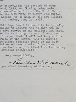 Typed Letter Signed by Franklin D. Roosevelt to Colonel E. Lester Jones Regarding the U. S. Marine Band, 1919