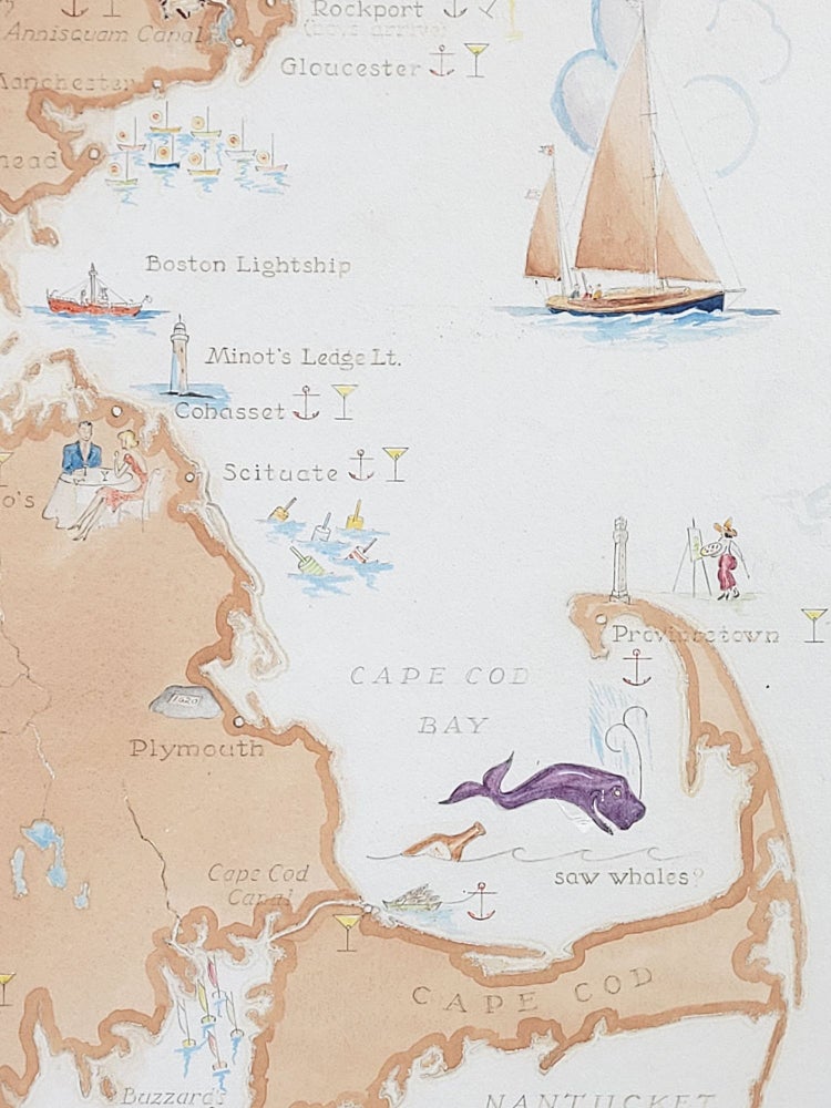 Item #1047 Cruise of the Repp's in Blue Pigeon, 16 August - September 16, 1948 (Original colored map). Dorothy deFontaine.