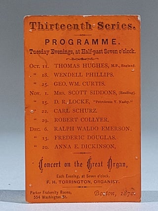 Item #1101 Ticket to the Parker Fraternity Lectures, Thirteenth Series, 1870. Frederick Douglass,...