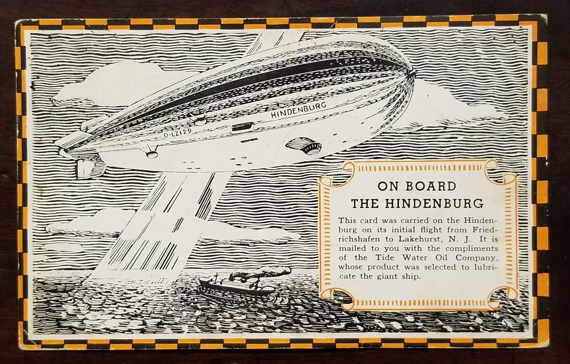 On Board the Hindenburg Postcard flown aboard the Hindenburg on