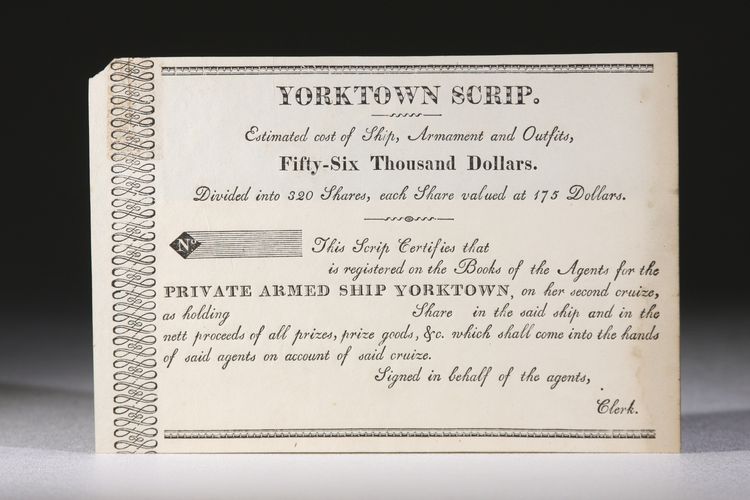 Item #11571 Yorktown Scrip, for Shares in Privateer During the War of 1812. War of 1812.