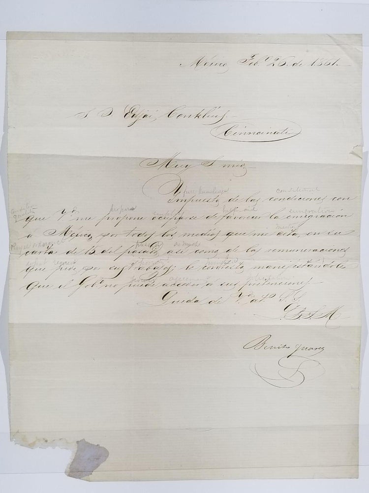 Item #11609 Signed Letter to Edgar Conkling of Cincinnati, Dated February 26, 1861, Mexico City. Benito Juárez.