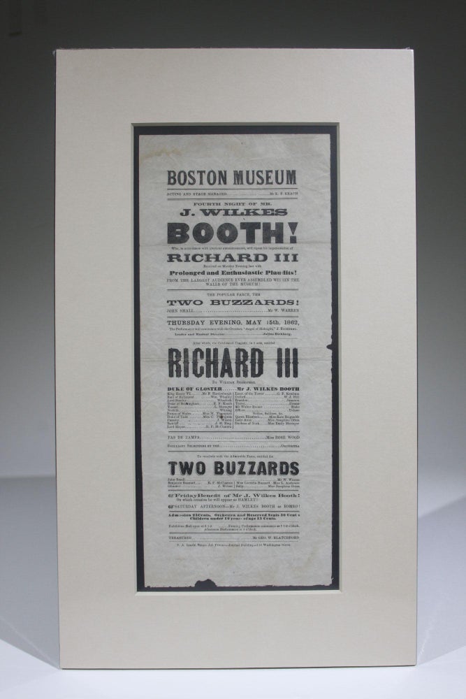 Item #11612 Boston Museum, Fourth Night of Mr. J. Wilkes Booth! as Richard III (Playbill for May 15, 1862). John Wilkes Booth.