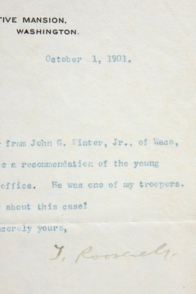 October 1, 1901 Typed Letter, Signed, to William Cary Sanger, Acting Secretary of War, Regarding Former Roosevelt Trooper John G. Winter, Jr., of Waco, Texas
