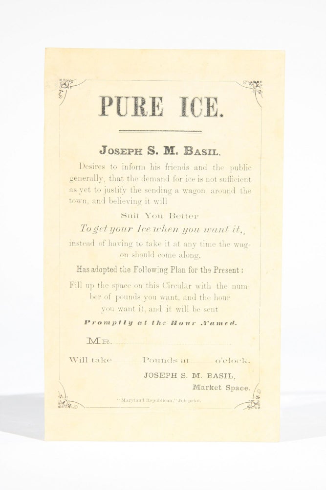 Item #11670 Pure Ice (advertising leaflet). Annapolis, Joseph S. M. Basil.