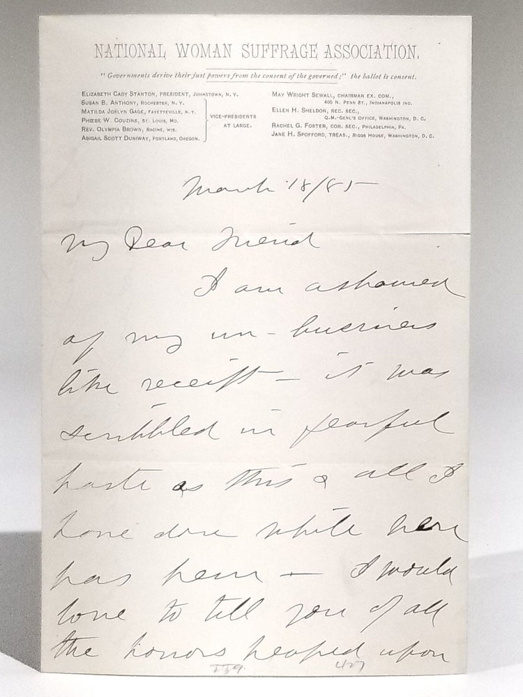 Item #11701 Autograph Letter to Elizabeth Cady Stanton, Discussing Anthony's Warm Reception in the South. Susan B. Anthony.