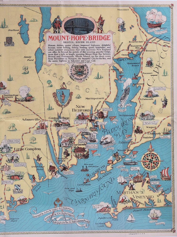 Item #1194 Mount Hope Bridge, Bristol, Rhode Island. Pictorial Map, RI Newport.