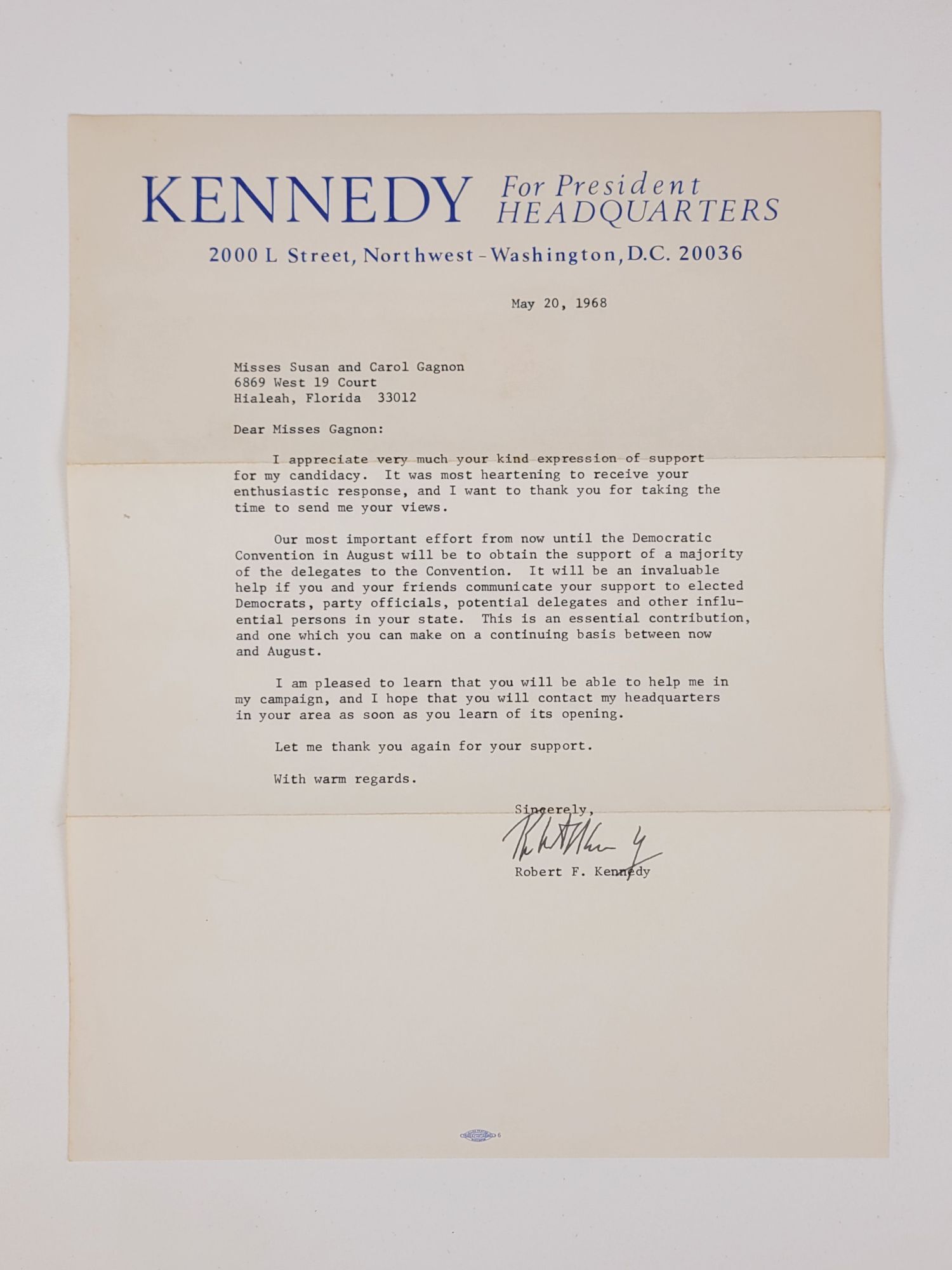 Typed Letter, Signed, on Presidential Campaign Letterhead Dated May 20
