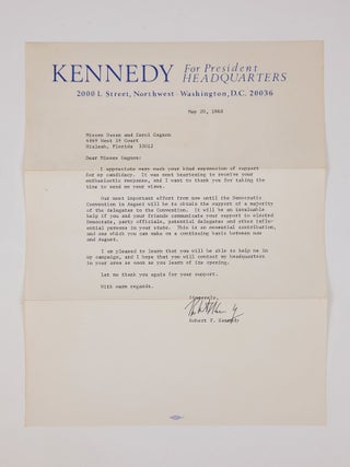 Typed Letter, Signed, on Presidential Campaign Letterhead Dated May 20, 1968, together with: 1) the original letter to which it replies, 2) a memorial card and thank you note in mailing envelope franked by Ethel Kennedy, and 3) the book "Assassination: Robert F. Kennedy 1925-1968," by the editors of UPI and Cowles