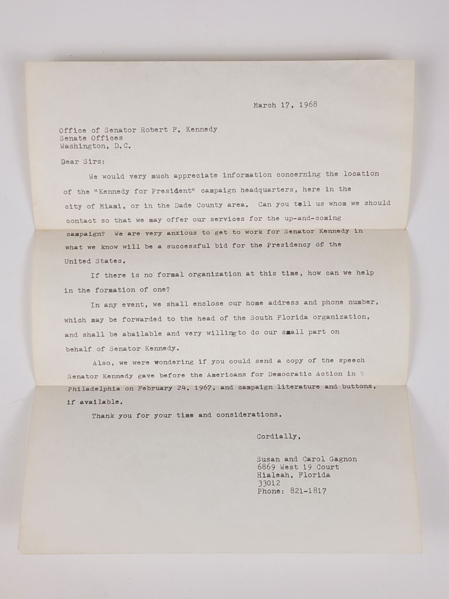 Typed Letter, Signed, on Presidential Campaign Letterhead Dated May 20