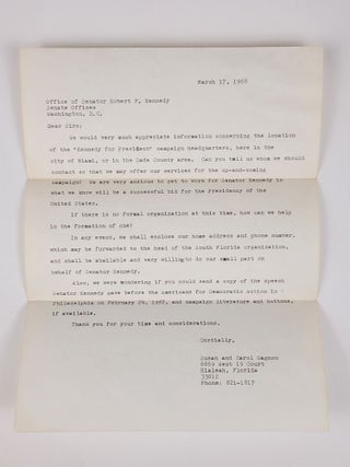 Typed Letter, Signed, on Presidential Campaign Letterhead Dated May 20, 1968, together with: 1) the original letter to which it replies, 2) a memorial card and thank you note in mailing envelope franked by Ethel Kennedy, and 3) the book "Assassination: Robert F. Kennedy 1925-1968," by the editors of UPI and Cowles