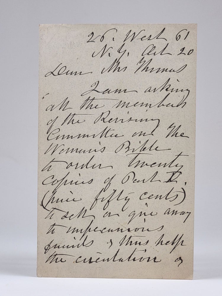 Item #1243 Autograph Letter Discussing "The Woman's Bible" Prior to Its Publication. Elizabeth Cady Stanton.