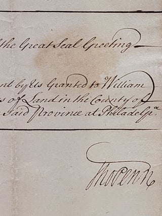 Manuscript Warrant, Signed, Requesting the Great Seal of the Province of Pennsylvania be Affixed to a Land Patent in Philadelphia