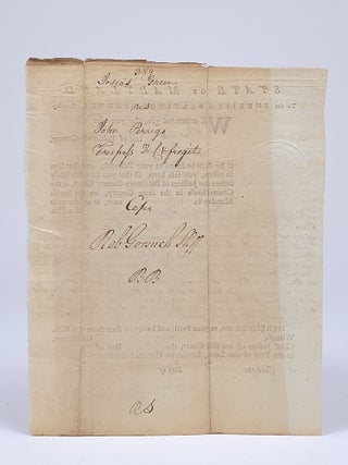 State of Maryland to the Sheriff of Baltimore County, Greeting. We command you, that you take John Perrigo, late of Baltimore-County, yeoman, if he shall be found in your Baliwick, and that him so taken, you safe keep, so that you his Body before the Justices of Baltimore-County Court...