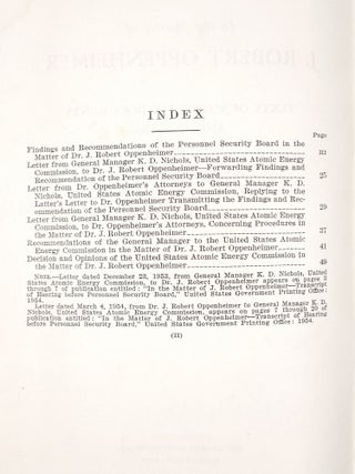 In the Matter of J. Robert Oppenheimer: Texts of the Principal Documents and Letters of Personnel Security Board General Manager Commissioners, Washington, D. C., May 27, 1954, through June 29, 1954