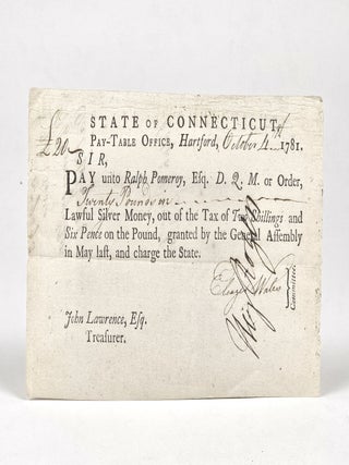 Connecticut Revolutionary War Pay Order to Ralph Pomeroy, Deputy Quartermaster