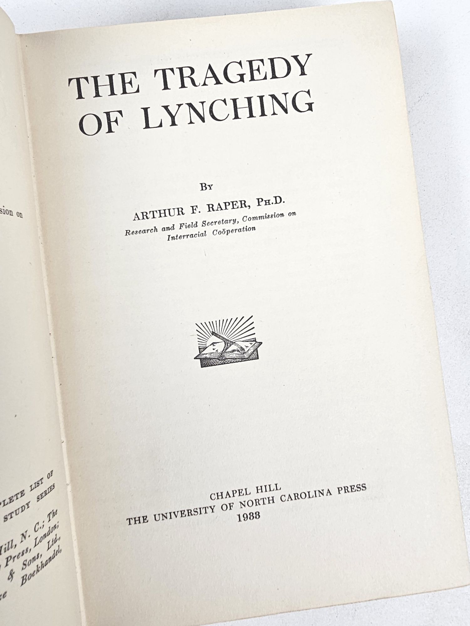 Arthur Raper The Tragedy of Lynching | Arthur Raper, ranklin | First Edition