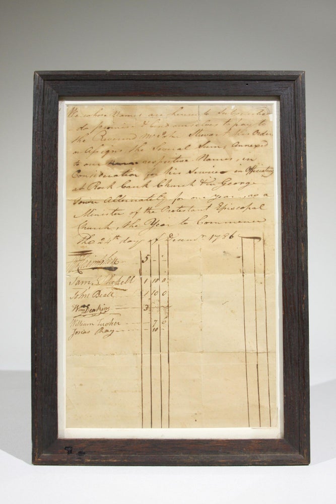 Item #570 Manuscript Document to Engage the Services of Protestant Episcopal Minister Reverend John Stewart for the Year 1786. Georgetown, Samuel Shekell Thomas Cramphin, Josias Ray, William Deakins, John Beall.