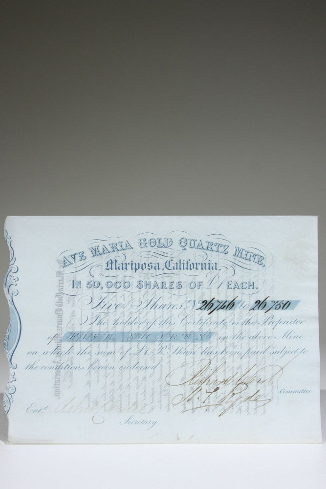 Item #585 Stock Certificate for Five Shares in the Ave Maria Gold Quartz Mine, Mariposa, California. Gold Rush, Ave Maria Gold Quartz Mine.