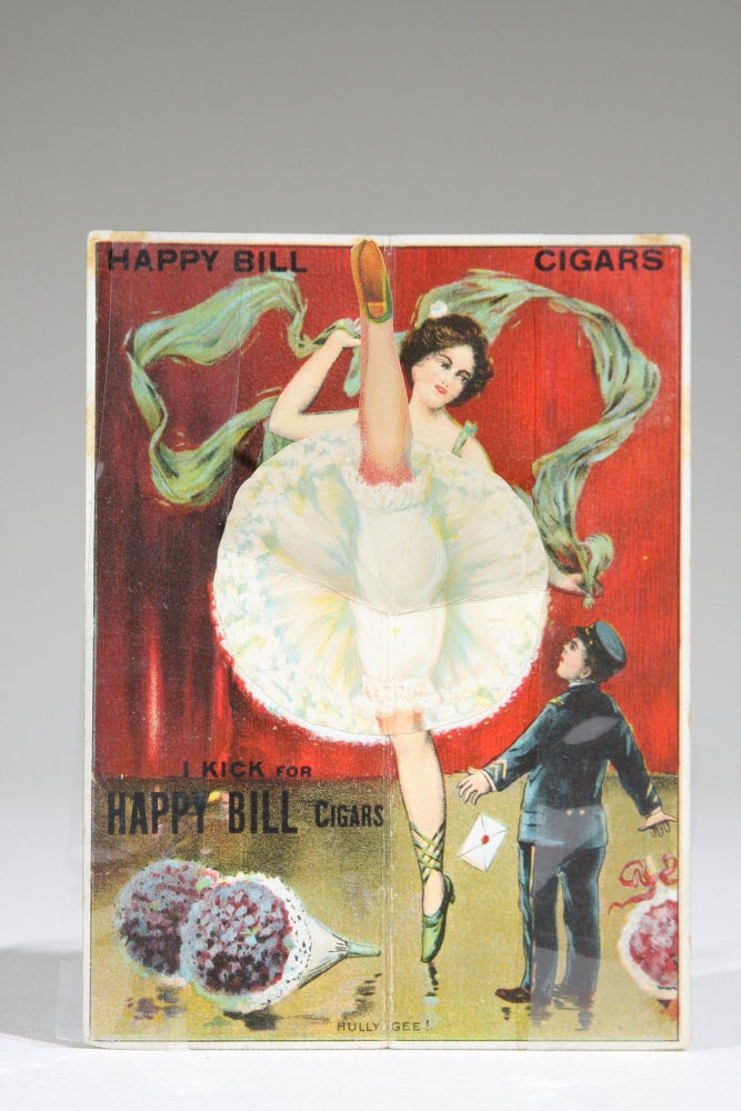 Item #588 Compliments of Happy Bill Cigars. I Kick for Happy Bill Cigars. (Mechanical Cigar Trade Card). Advertising, Tobacco.