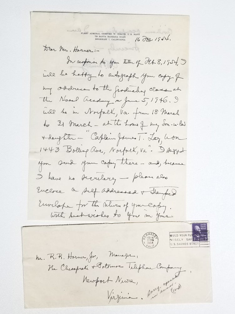 Item #635 Holograph Letter, Signed Address Delivered Before the Graduating Class, United States Naval Academy, June 5, 1946, and Other Items Related to the Accelerated 1946 Graduation of the USNA Class of 1947. Chester A. Nimitz.