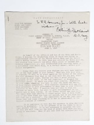 Holograph Letter, Signed Address Delivered Before the Graduating Class, United States Naval Academy, June 5, 1946, and Other Items Related to the Accelerated 1946 Graduation of the USNA Class of 1947