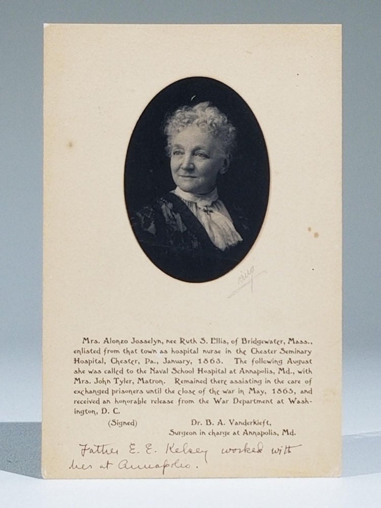 Item #680 Annapolis Civil War Nurse, Photographic Portrait Mounted on Printed Card. Ruth S. Ellis, Mrs. Alonzo Josselyn.