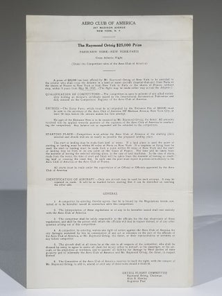 Item #717 The Raymond Orteig $25,000 Prize: Paris - New York -- New York - Paris. Aero Club of...