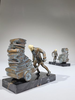 Item #764 Load of Books: Pair of Gray Metal Bookends on Marble Bases. J B. Hirsch Foundry