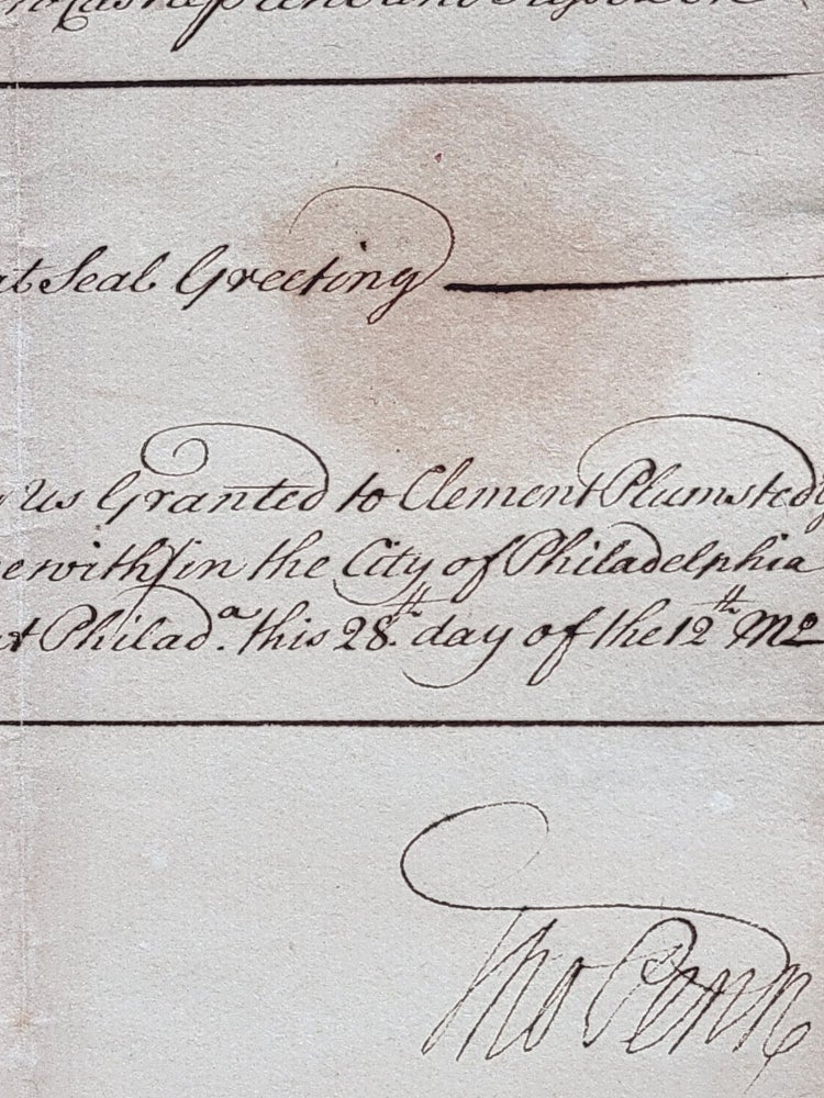 Item #811 Manuscript Warrant, Signed, Requesting the Great Seal of the Province of Pennsylvania be Affixed to a Land Patent in Philadelphia. Thomas Penn.