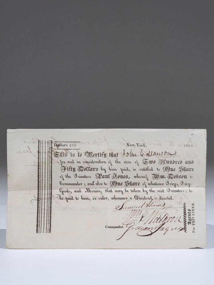 Item #821 Scrip for One Share in Privateer Paul Jones During the War of 1812. War of 1812.