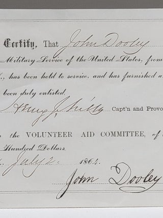 Item #838 Civil War Draft Substitute Certificate, Navy. Capt. Henry J. Mills, John Dooley