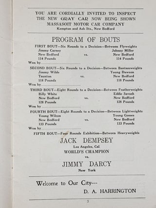 Souvenir Program, Jack Dempsey vs. Jimmy Darcy, Exhibition Bout, July 26, 1922